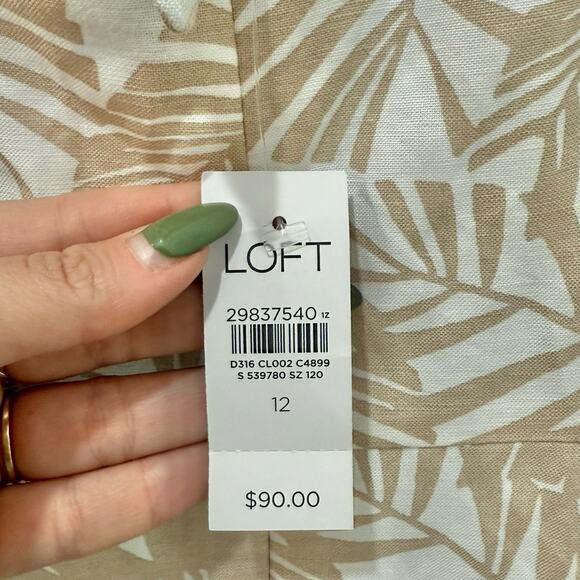 Ann Taylor LOFT Tan Palm Leaf Linen Square Neck Puff Sleeve Dress sz 12 NEW Tags - Picture 6 of 13